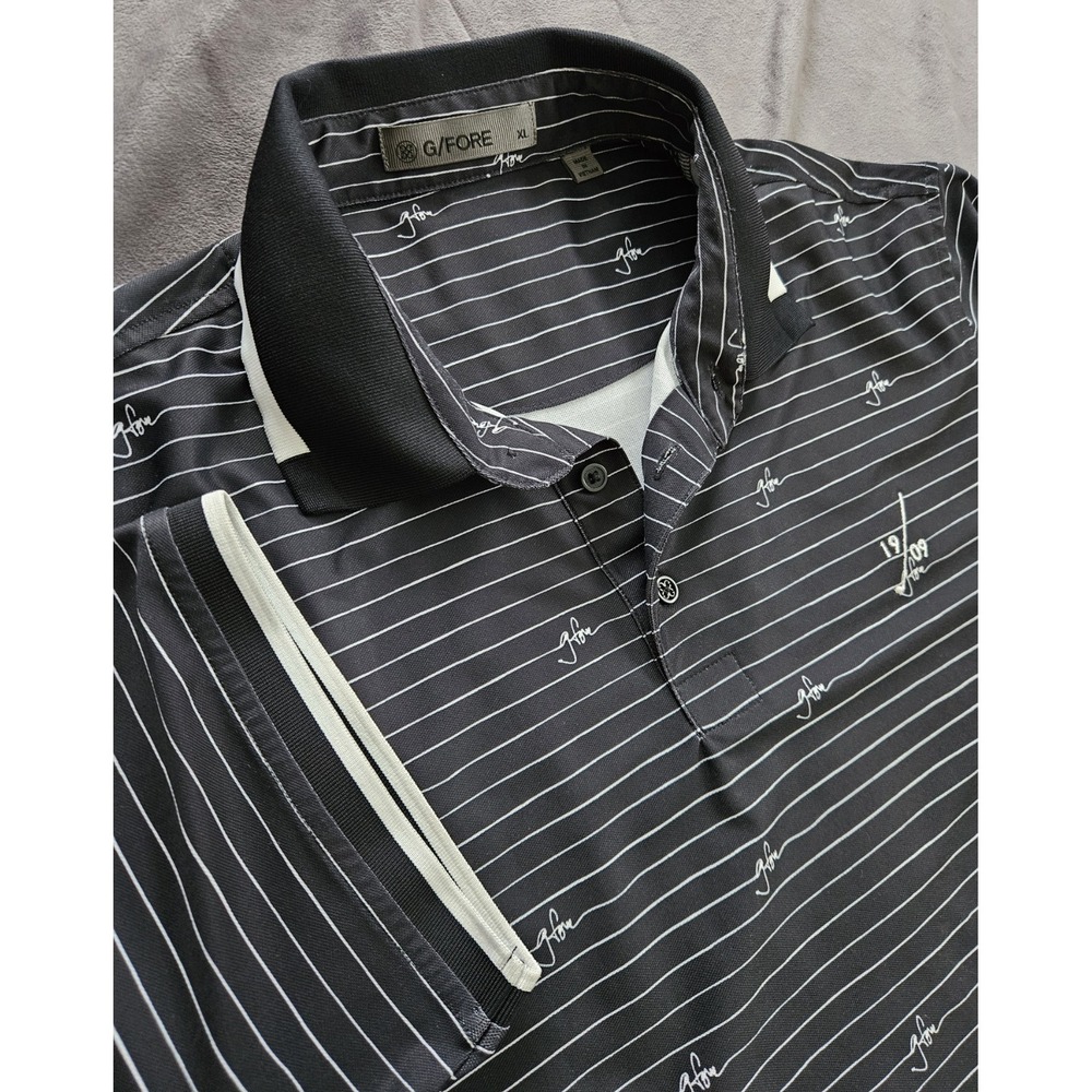 G/FORE Men's Golf Polo Shirt Black White Striped XL‎ Polyester Short Sleeve